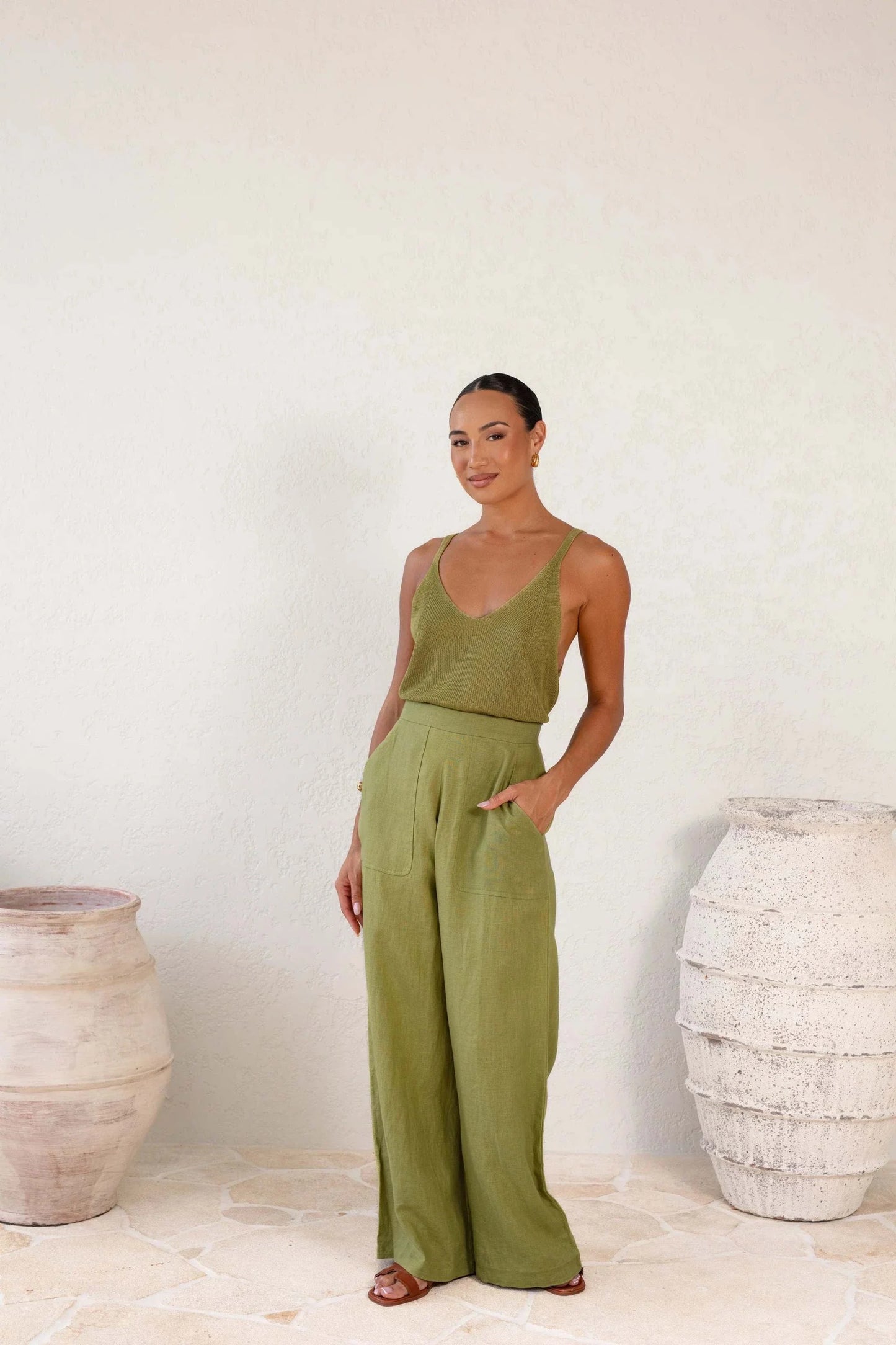 W.two - The Trulli Linen Trousers in lightweight linen with elastic waist and drawstring.
