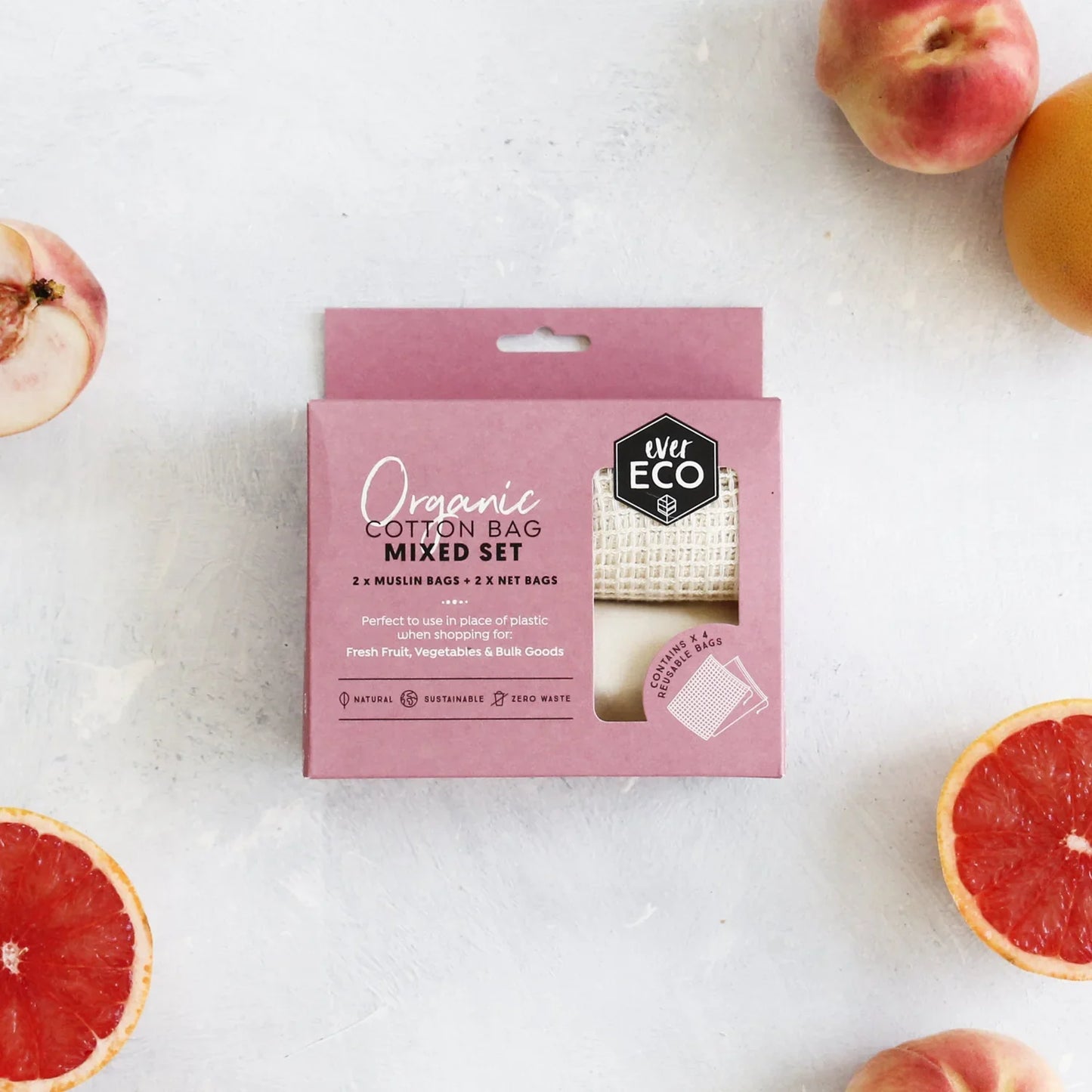 Ever Eco organic cotton mixed set produce bags, 4 pack, eco-friendly alternative to plastic bags for fruits and vegetables.