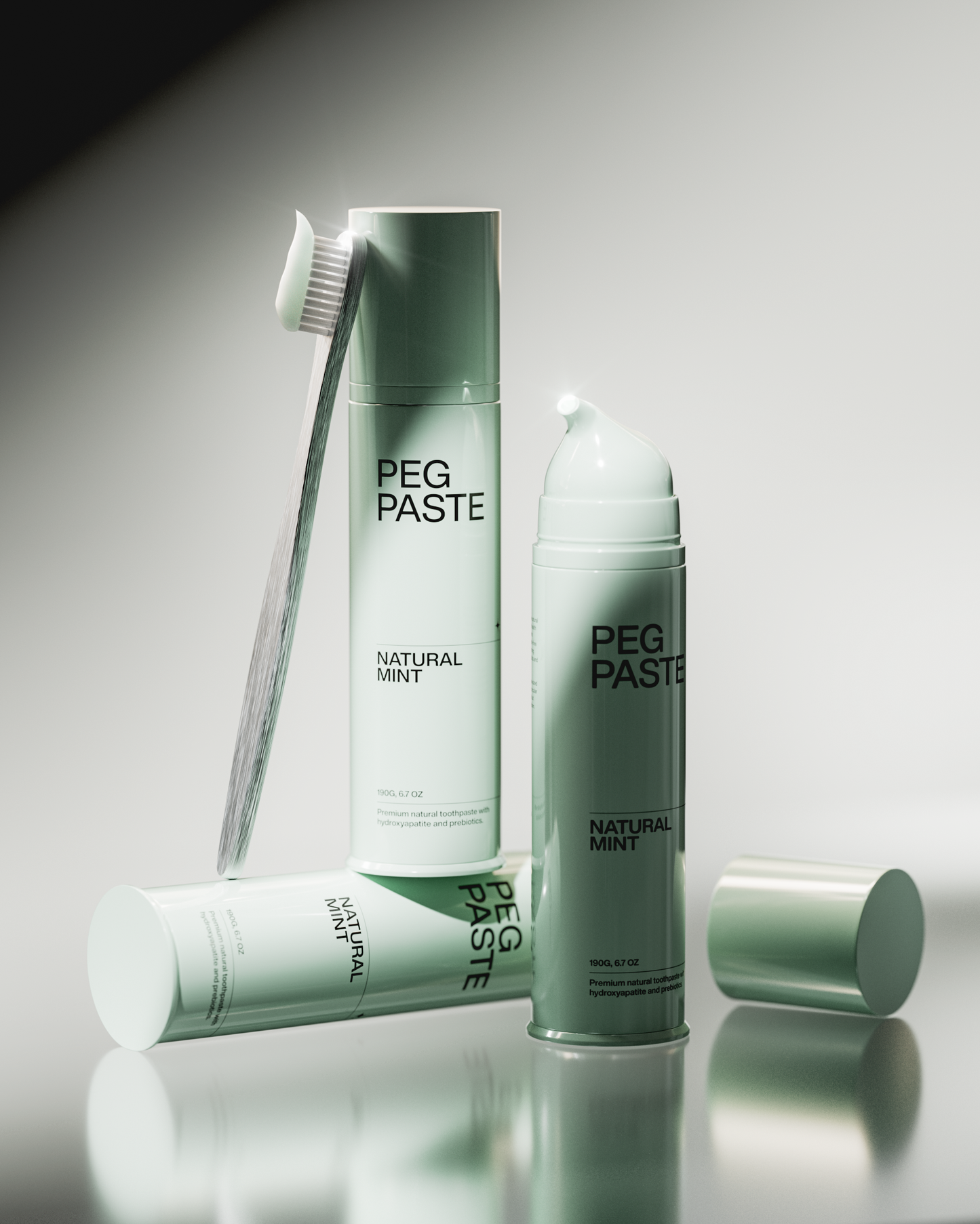 Peg Paste - Natural Mint Toothpaste with eco-friendly packaging and toothbrush, enriched with hydroxyapatite.