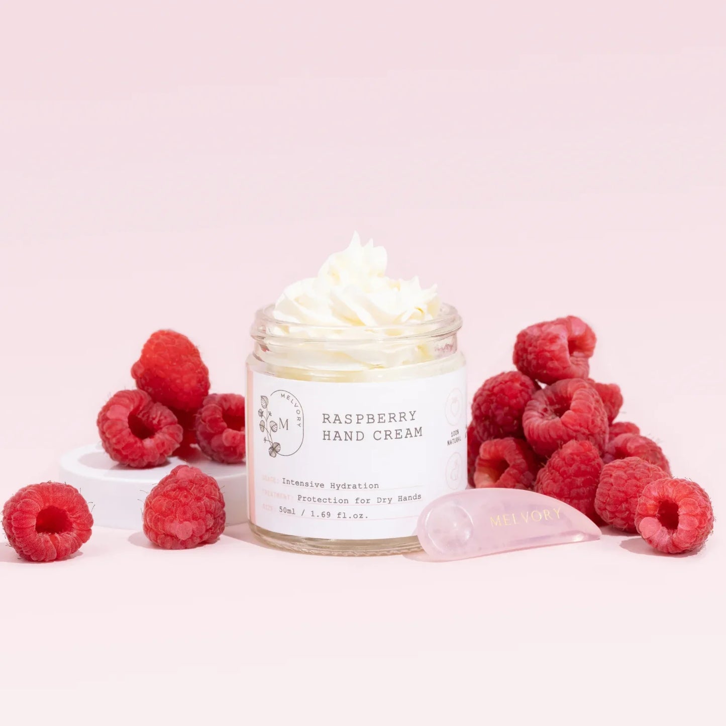 Melvory Raspberry Hand Cream with fresh citrus scent and sun protection.