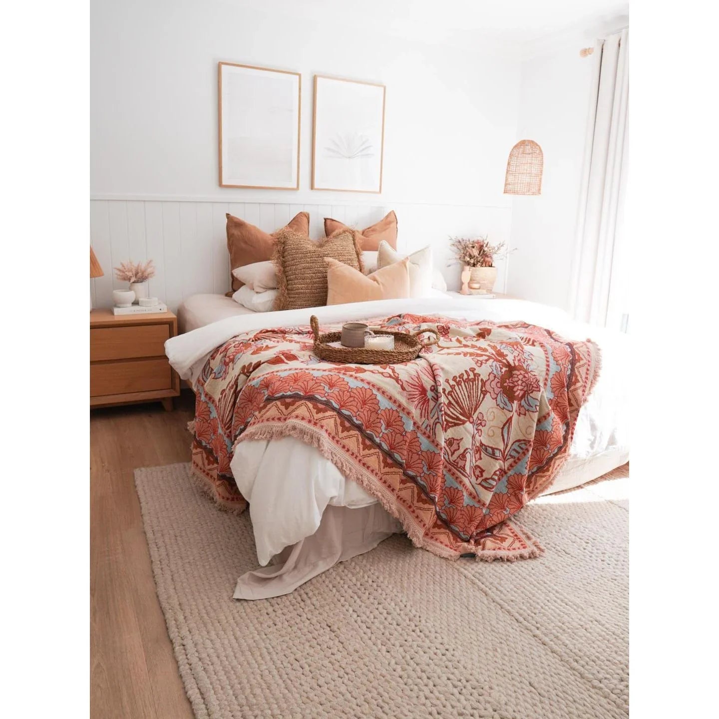 Picnic Mantra - Kaelyn Picnic Rug/Woven Throw with Australian botanical design on bed.