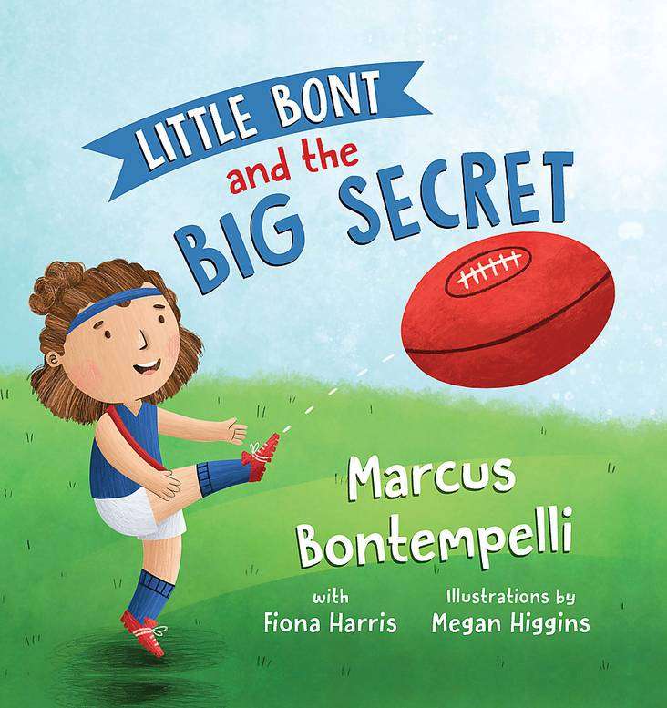 Children's book cover: "Little Bont and the Big Secret" by Marcus Bontempelli, featuring a cartoon of a child playing football.