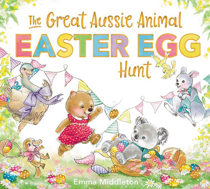 Children's book "The Great Aussie Animal Easter Egg Hunt" by Emma Middleton, featuring lively animal illustrations.