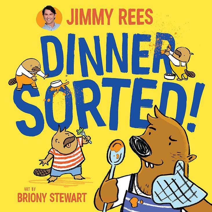 Children's book "Dinner Sorted!" by Jimmy Rees, illustrated cover with playful animals.