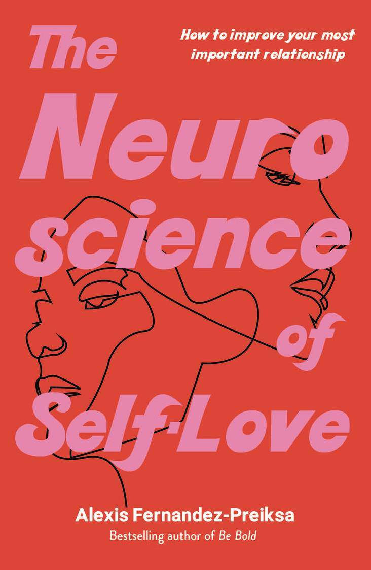 The Neuroscience of Self-Love book cover with abstract face outlines and title in bold pink typography.
