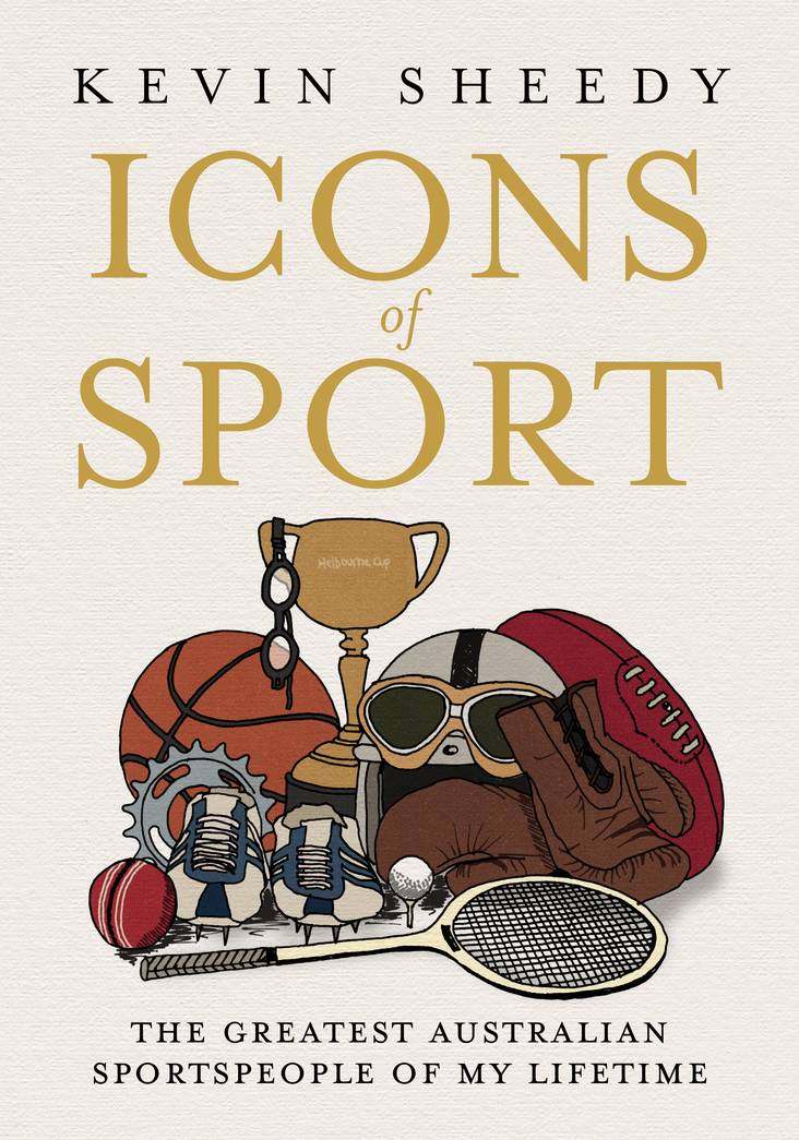 Icons of Sport book cover by Kevin Sheedy featuring sports equipment illustrations.