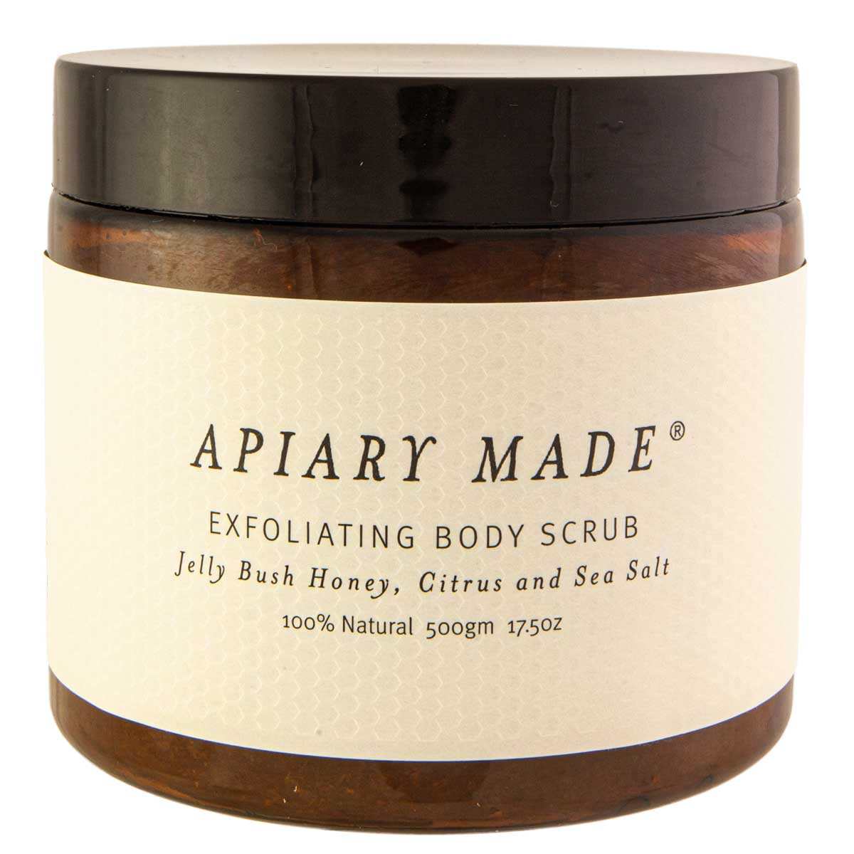 Apiary Made Honey Citrus Sea Salt Exfoliating Body Scrub jar, promoting moisturizing and softening properties.