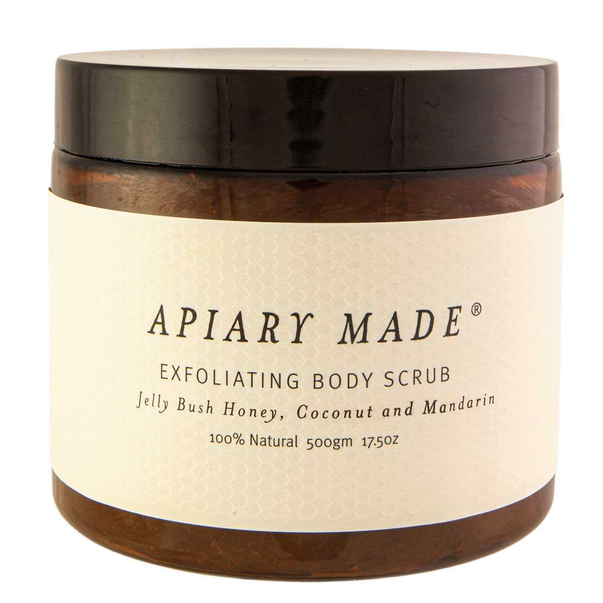 Apiary Made Honey, Coconut, and Mandarin Exfoliating Body Scrub jar.