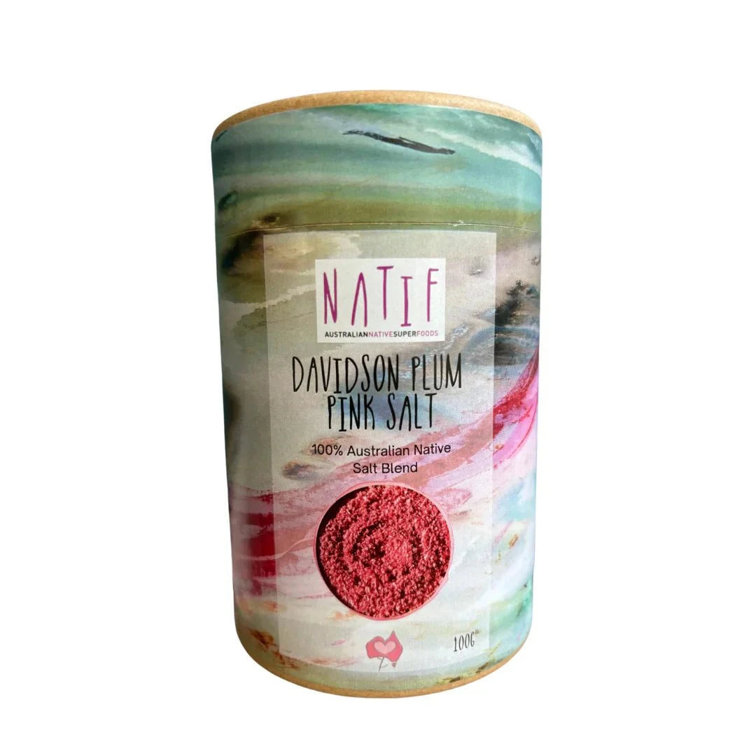 Natif Davidson Plum Salt container with vibrant pink salt blend, 100g.