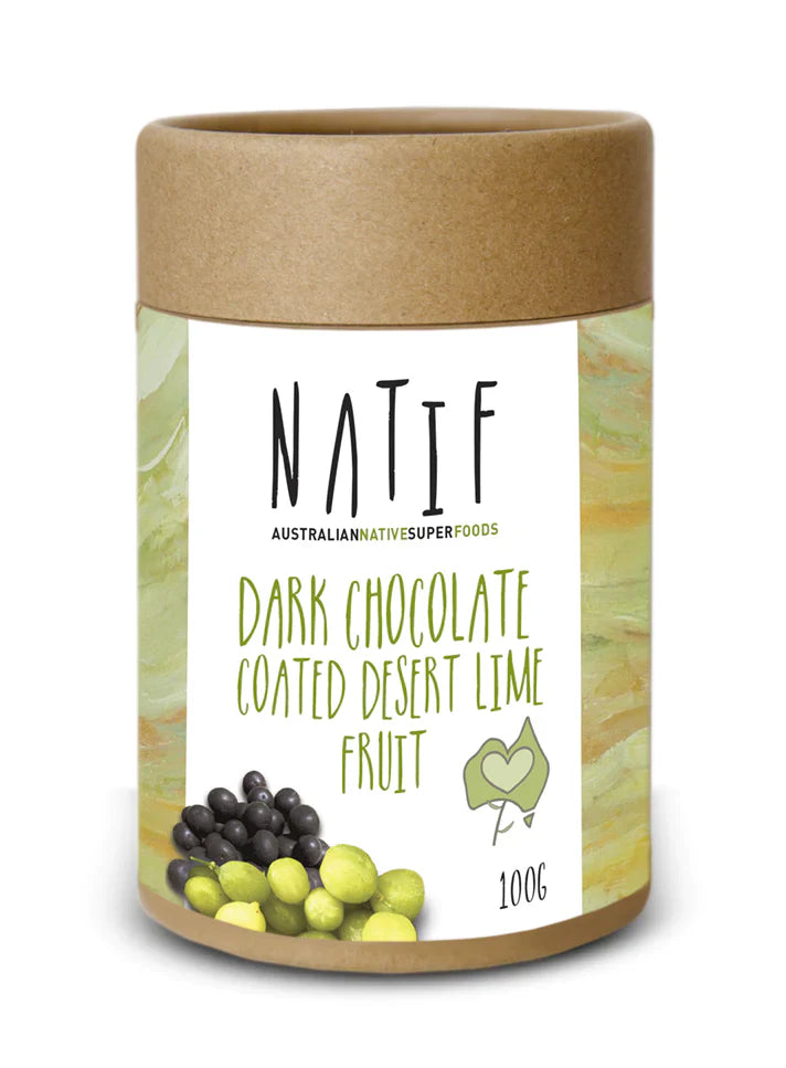 Natif Dark Chocolate Coated Desert Lime Fruit in biodegradable tube packaging.
