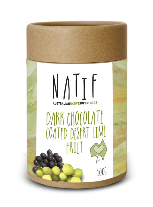 Natif Dark Chocolate Coated Desert Lime Fruit in biodegradable tube packaging.