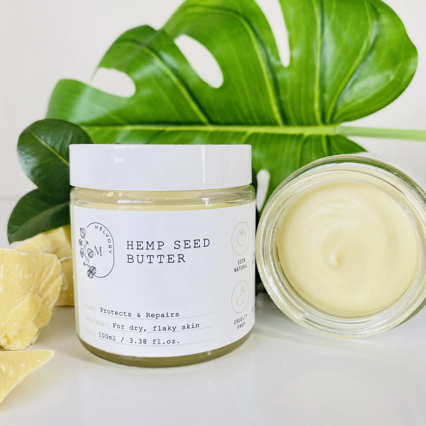 Melvory Hemp Seed Butter moisturizer for dry skin with cocoa butter scent.