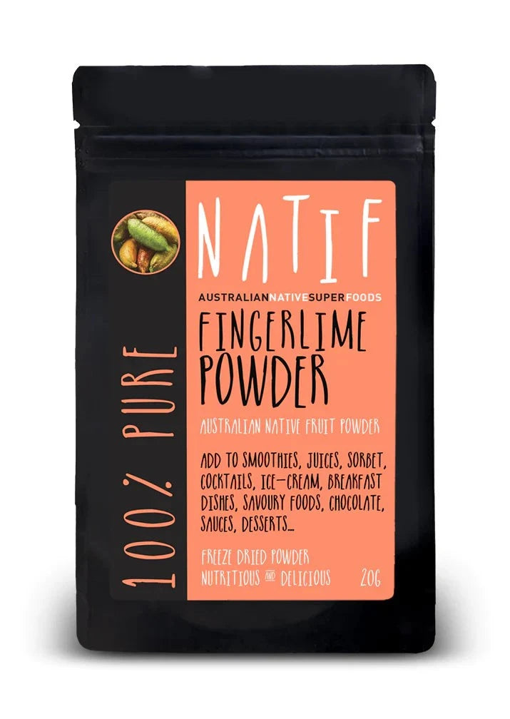 Natif Fingerlime Powder 20g package with citrus fruit design.