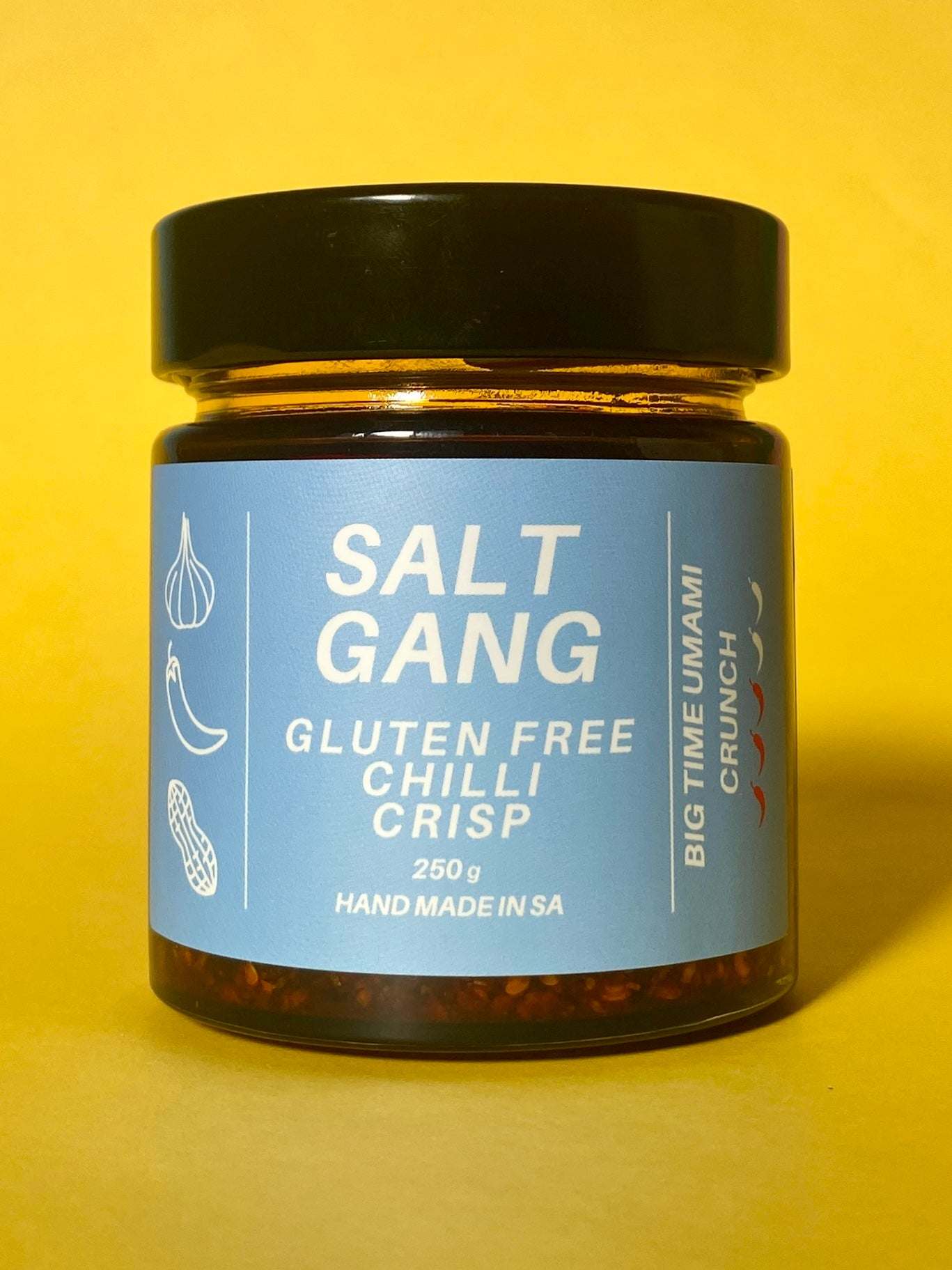 Salt Gang No. 1 Chilli Crisp in a 250g glass jar, gluten free with roasted peanuts, shallots, and garlic for mild to medium heat.