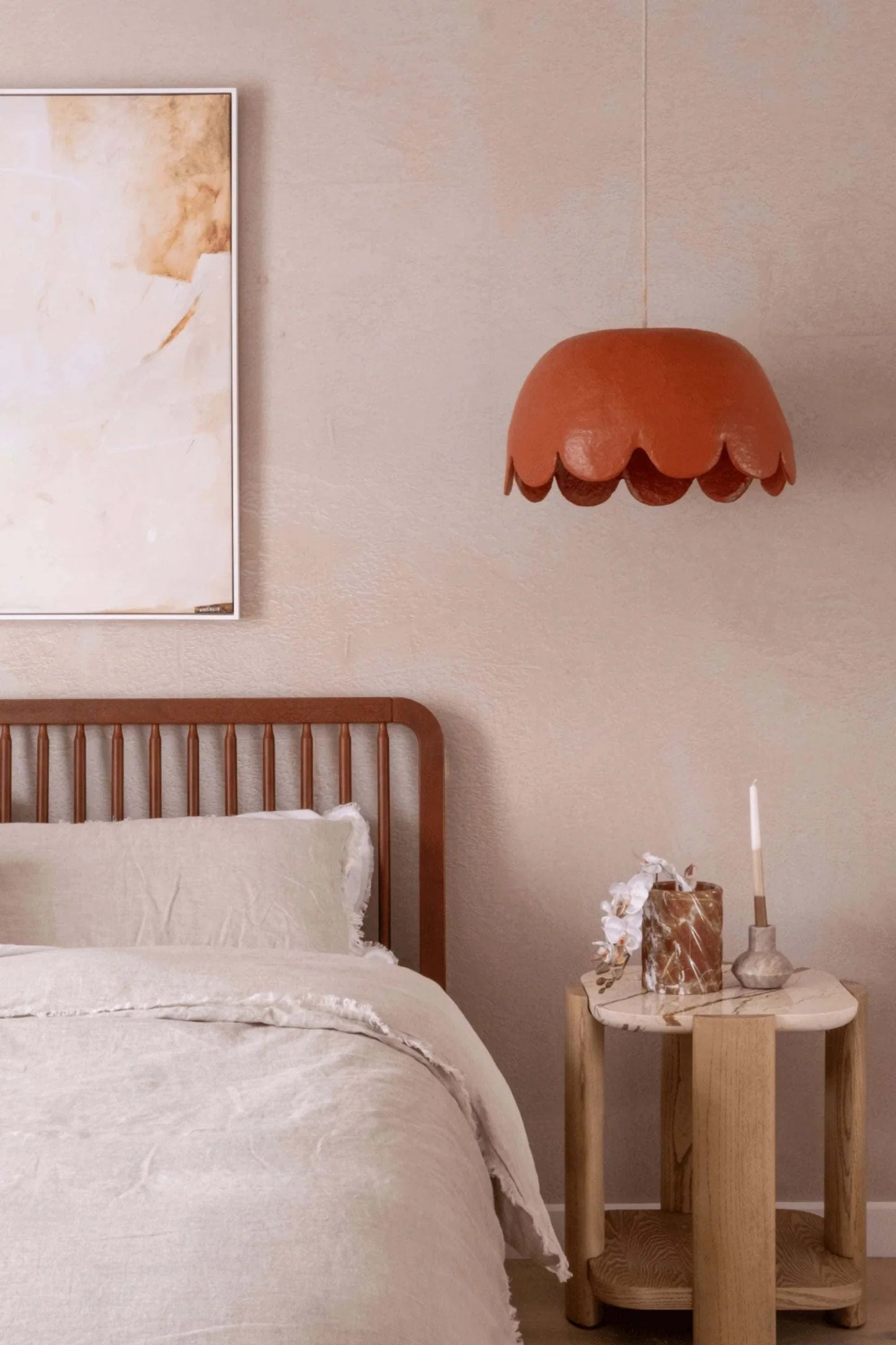Her Hands - Pulp Pendant Lights (Scallop Pendant - Large) hanging in a cozy bedroom setting.