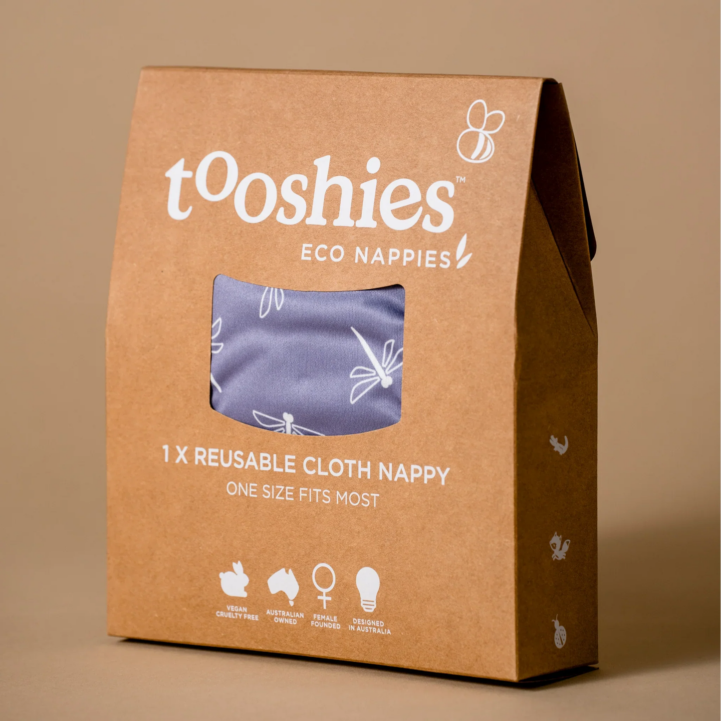 Tooshies reusable cloth nappies packaging, eco-friendly and quick-drying, designed in Melbourne, one size fits most.