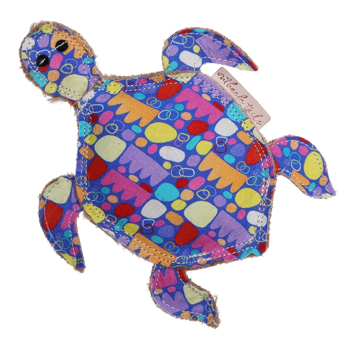 Outback Tails Katurah Zimran Toy Terry Turtle with colorful Indigenous artwork, eco-friendly, includes squeaker.