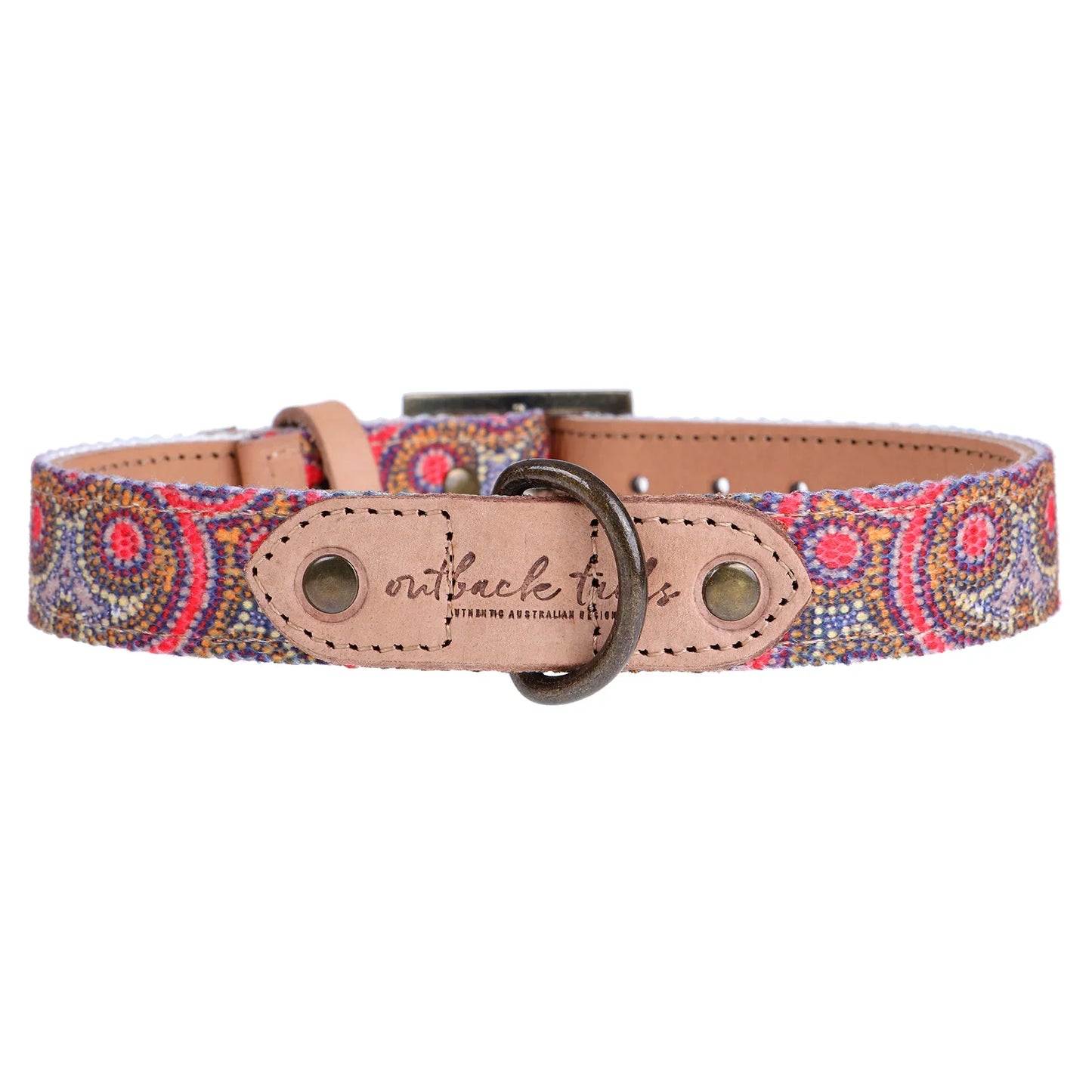 Outback Tails leather dog collar with Indigenous artwork by Risharna Nakamarra Dickson.