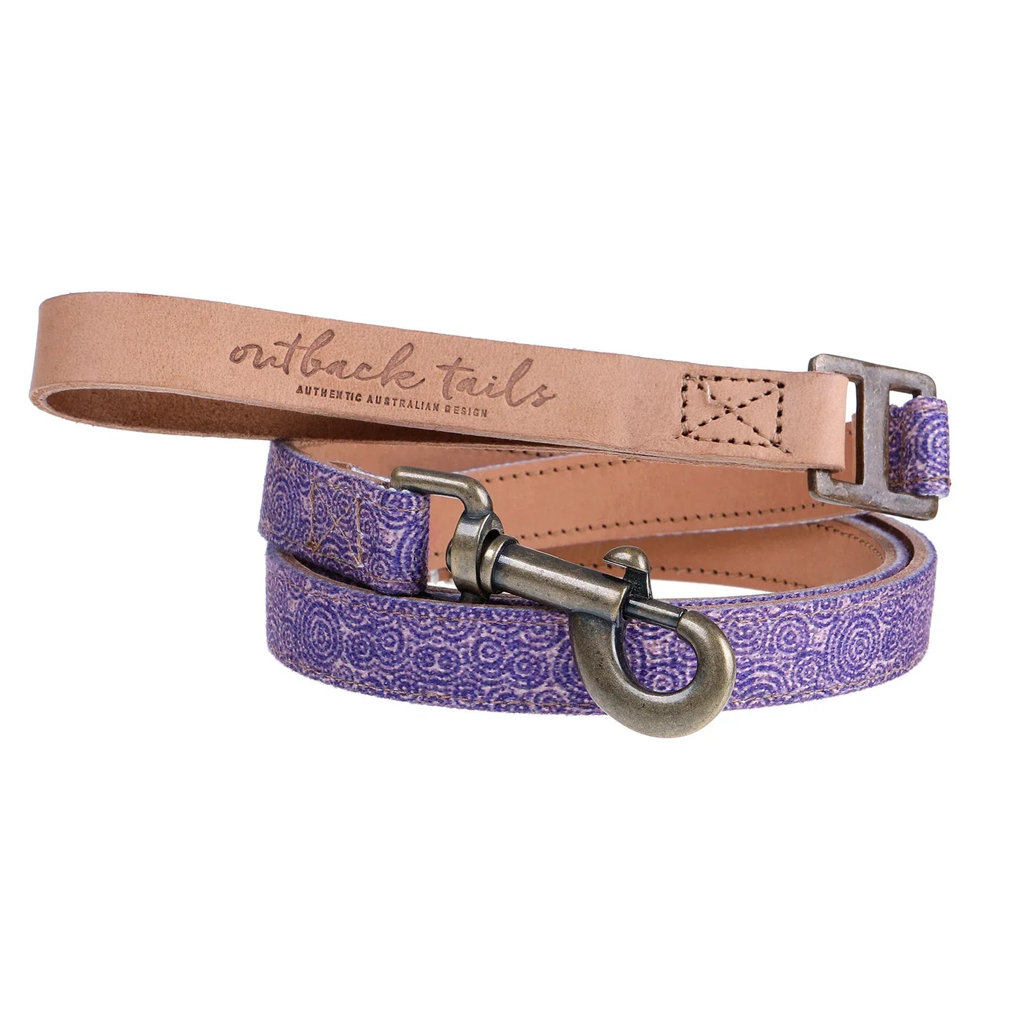 Outback Tails leather dog lead with Indigenous artwork by Patricia Nakamarra Oldfield, brass hardware, 130cm.