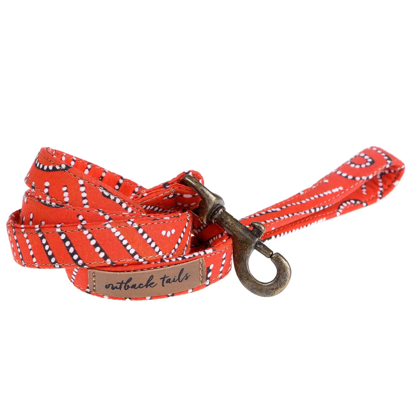Outback Tails canvas dog lead with Indigenous artwork and brass hardware.