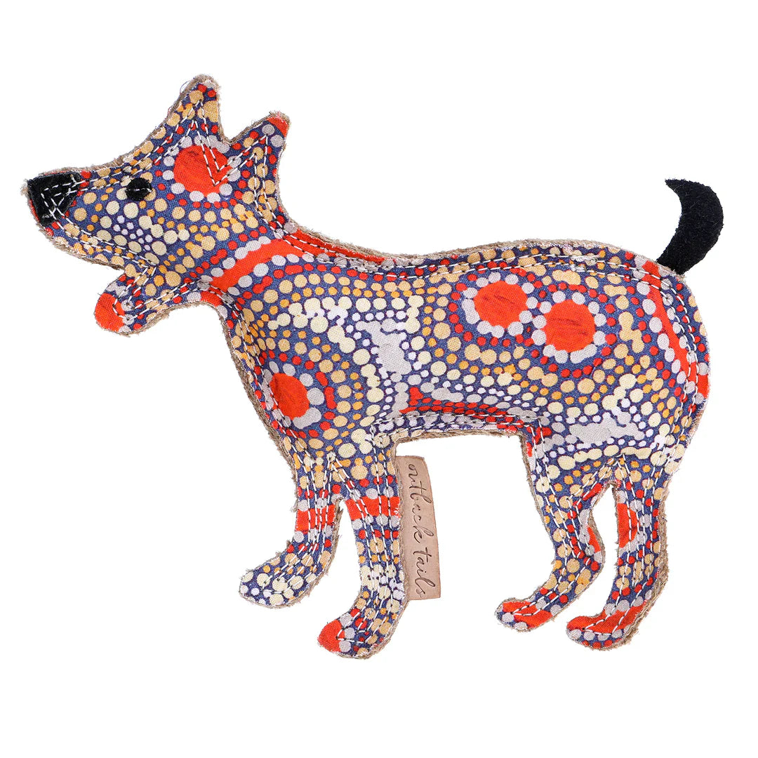 Outback Tails Desert Dog Chew Toy - Trevor with Snake Dreaming artwork by Risharna Nakamarra Dickson, eco-friendly and compostable.