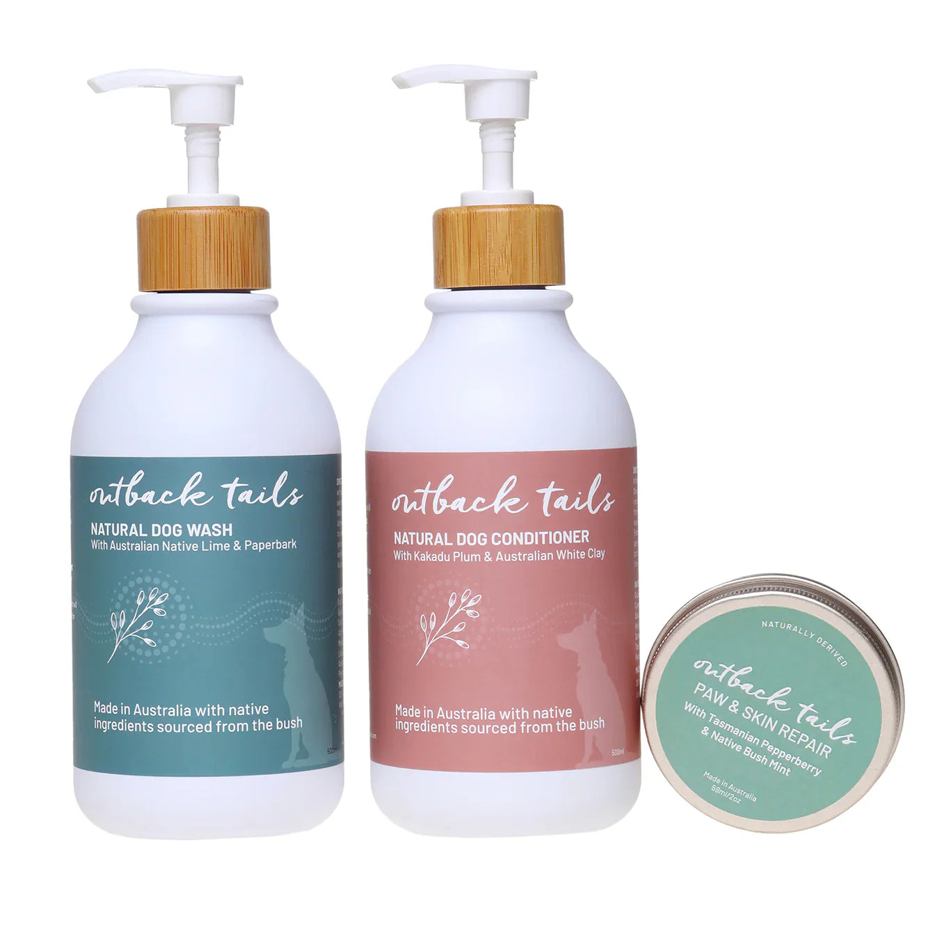 Outback Tails Grooming Bundle featuring dog wash, conditioner, and paw & skin repair.