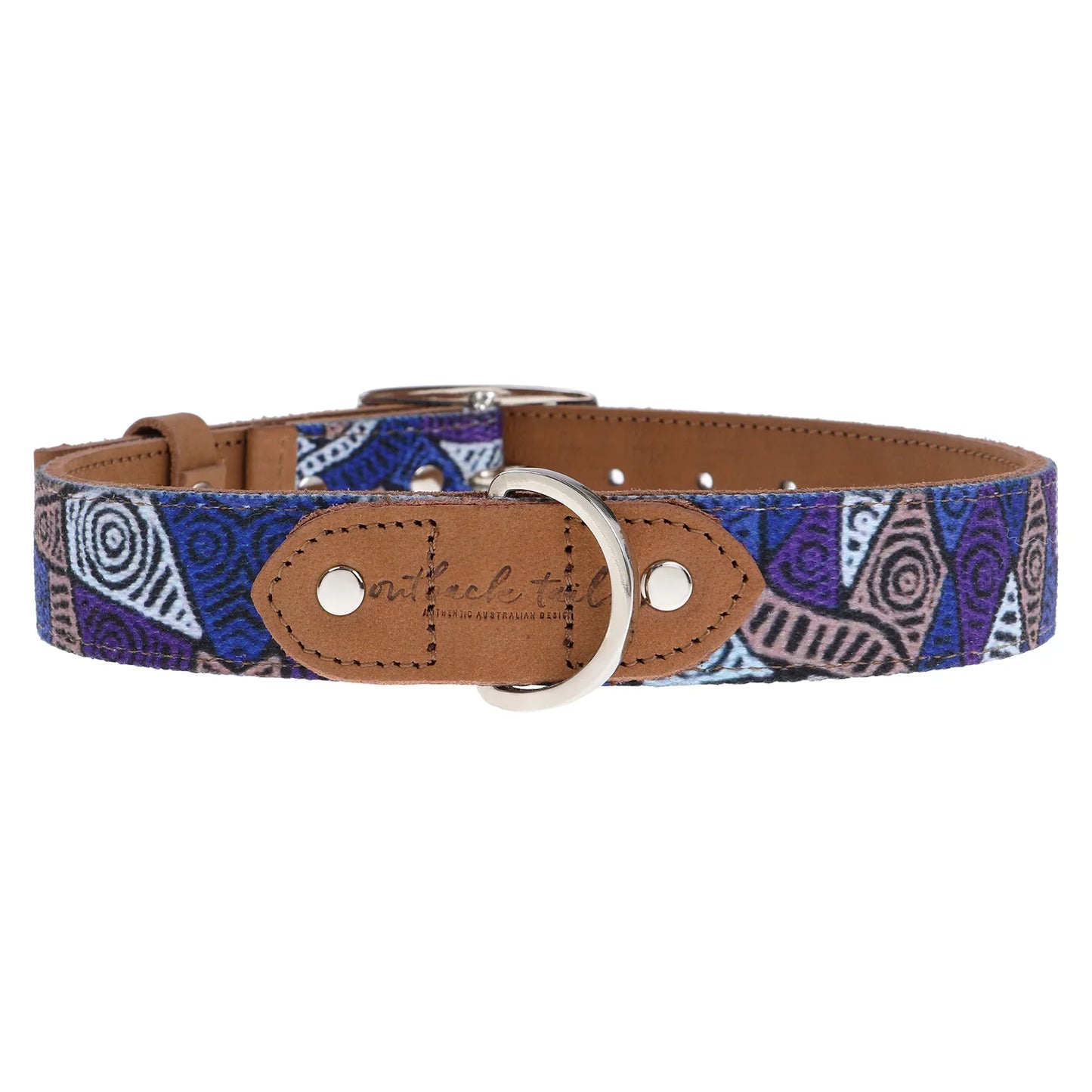 Outback Tails leather dog collar with Indigenous artwork by Pauline Napangardi Gallagher.