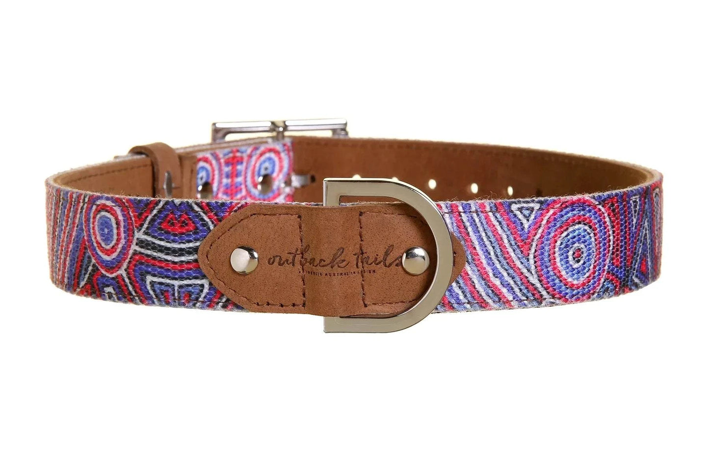Outback Tails leather dog collar with Indigenous artwork 'Digging For Truffles' by Pauline Napangardi Gallagher.