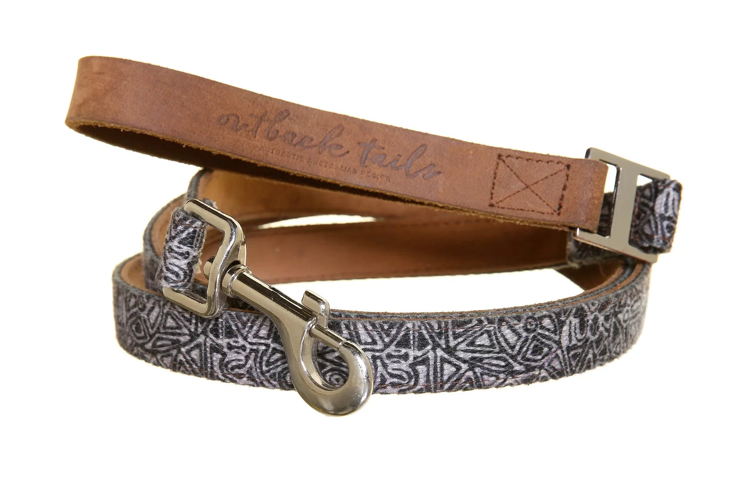 Luxurious leather dog lead with Indigenous artwork by Pauline Napangardi Gallagher, 130cm long, Outback Tails Mina Mina design.