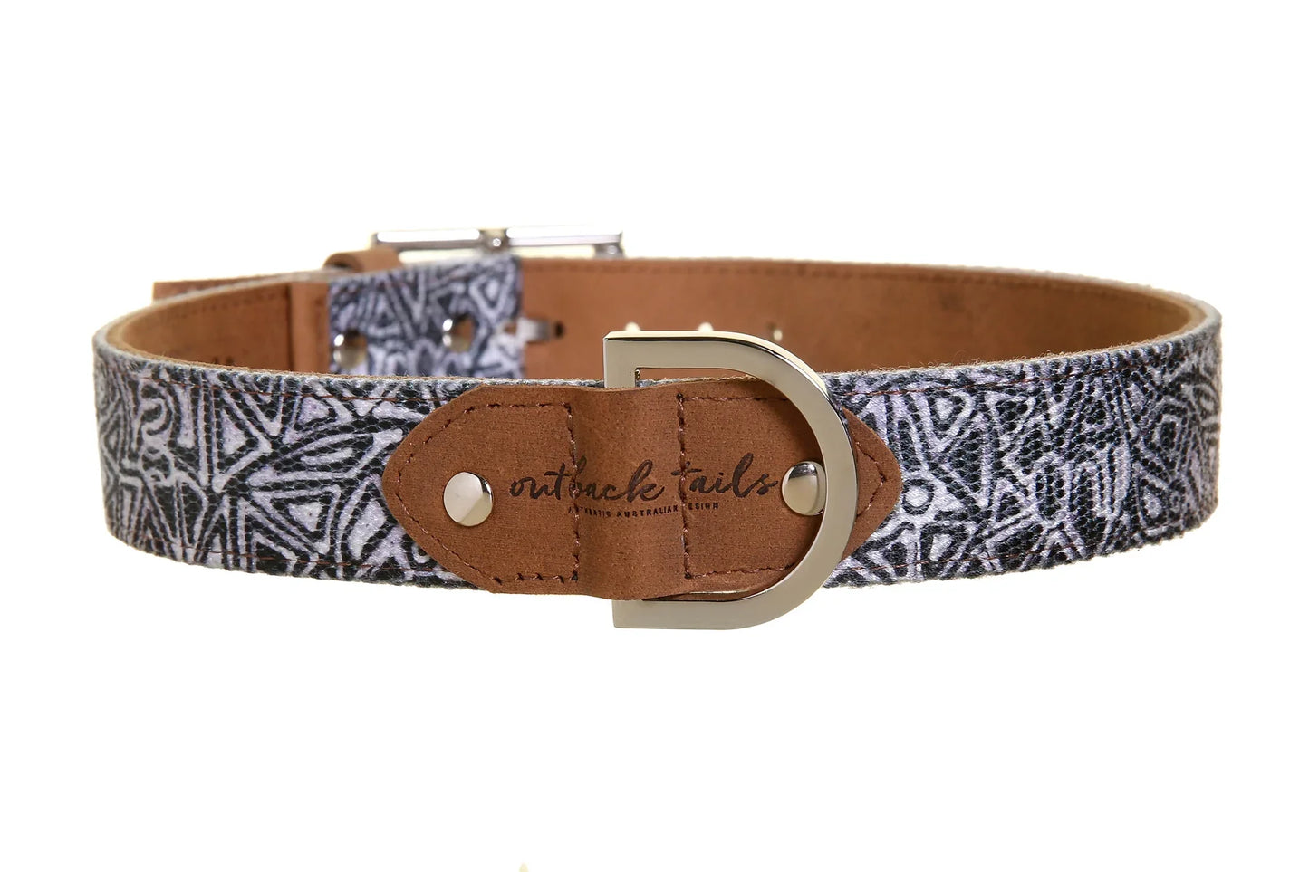 Outback Tails leather dog collar with Mina Mina artwork by Pauline Napangardi Gallagher.