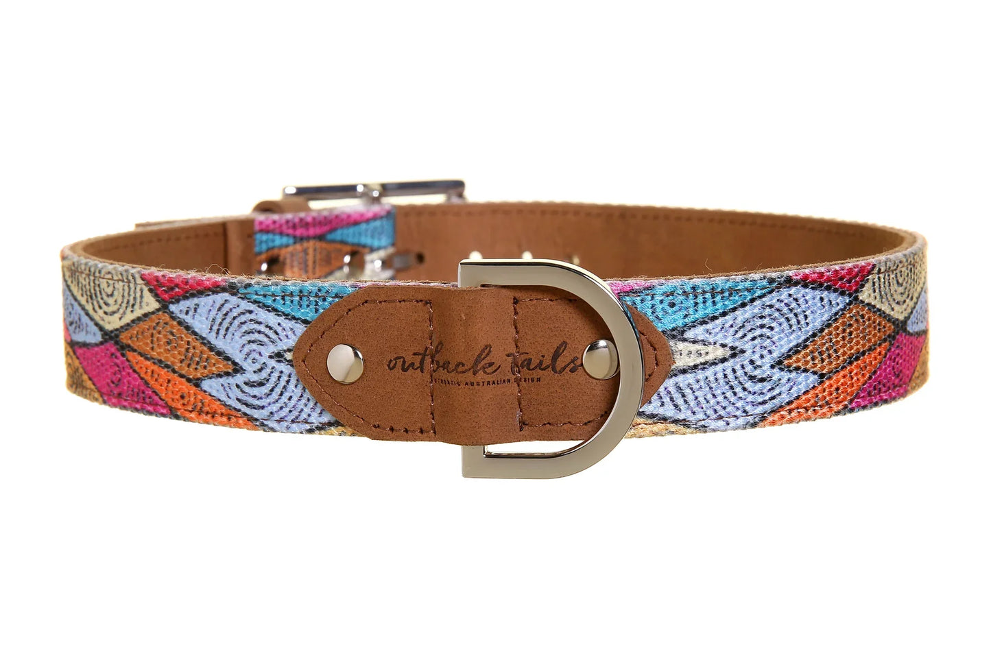 Outback Tails leather dog collar with Indigenous artwork by Pauline Napangardi Gallagher.