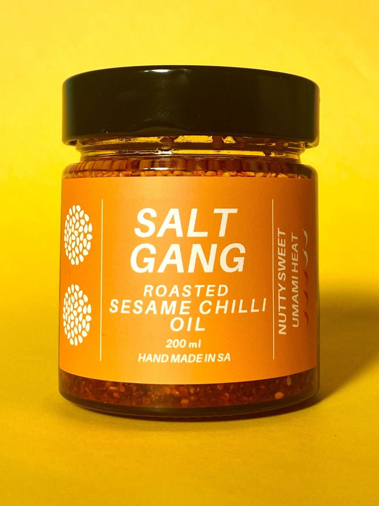 Salt Gang Roasted Sesame Chilli Oil in a 200ml glass jar, vegan and gluten-free.