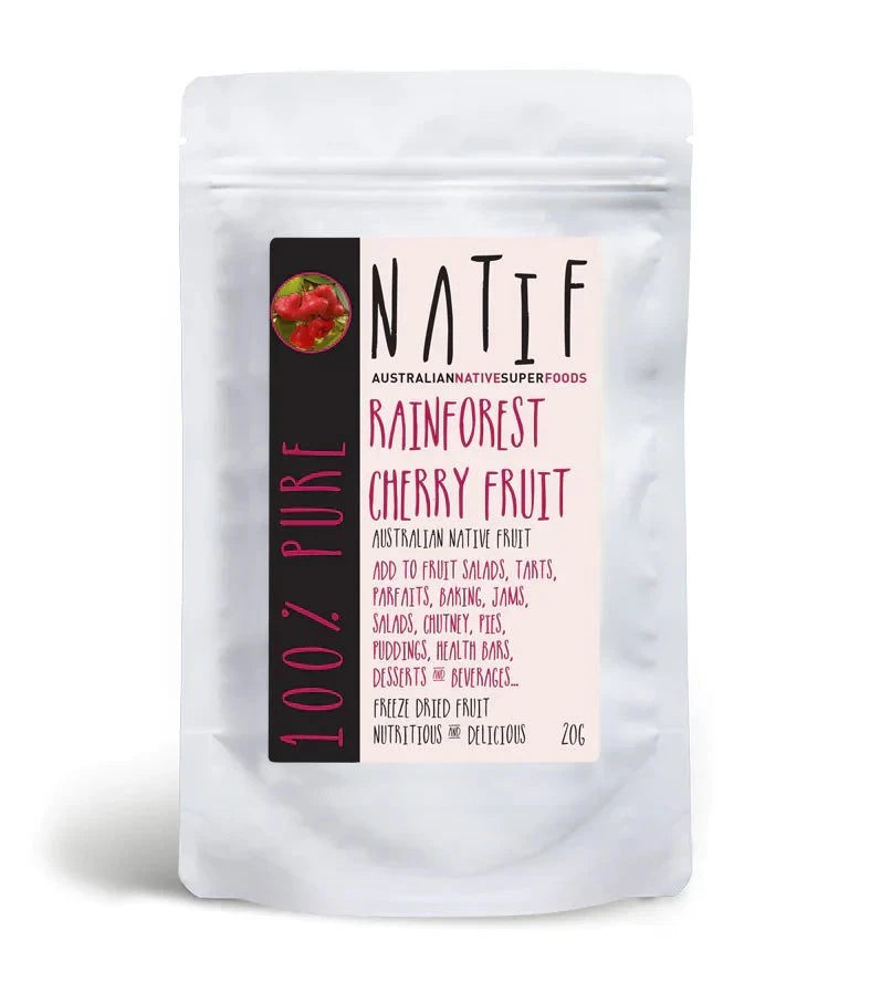 Natif Rainforest Cherry Fruit 20g packaging with description of bright red fruit rich in vitamins and antioxidants.