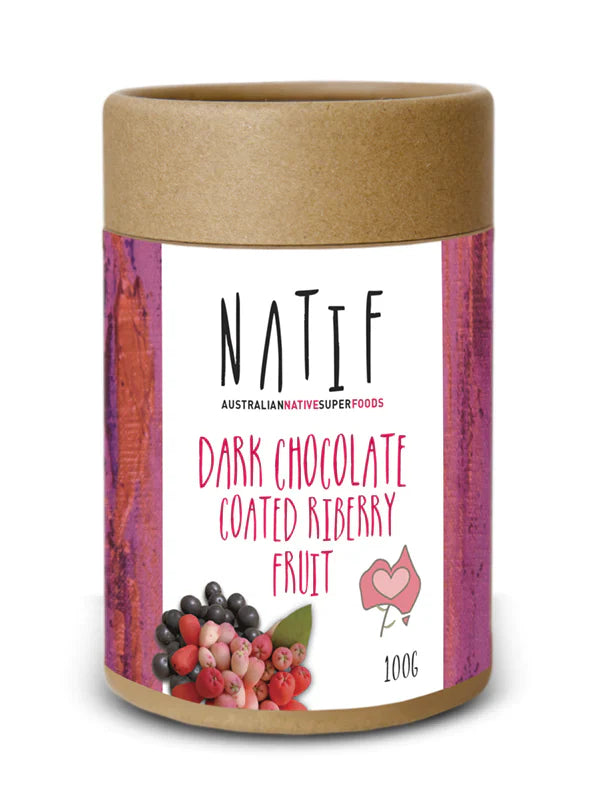 Natif dark chocolate coated Riberry fruit in biodegradable tube packaging.