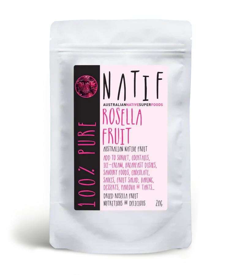 Natif Rosella Fruit 20g, whole and petal calyx, tart raspberry flavor, rich in Vitamin C and antioxidants, for salads, beverages, and desserts.