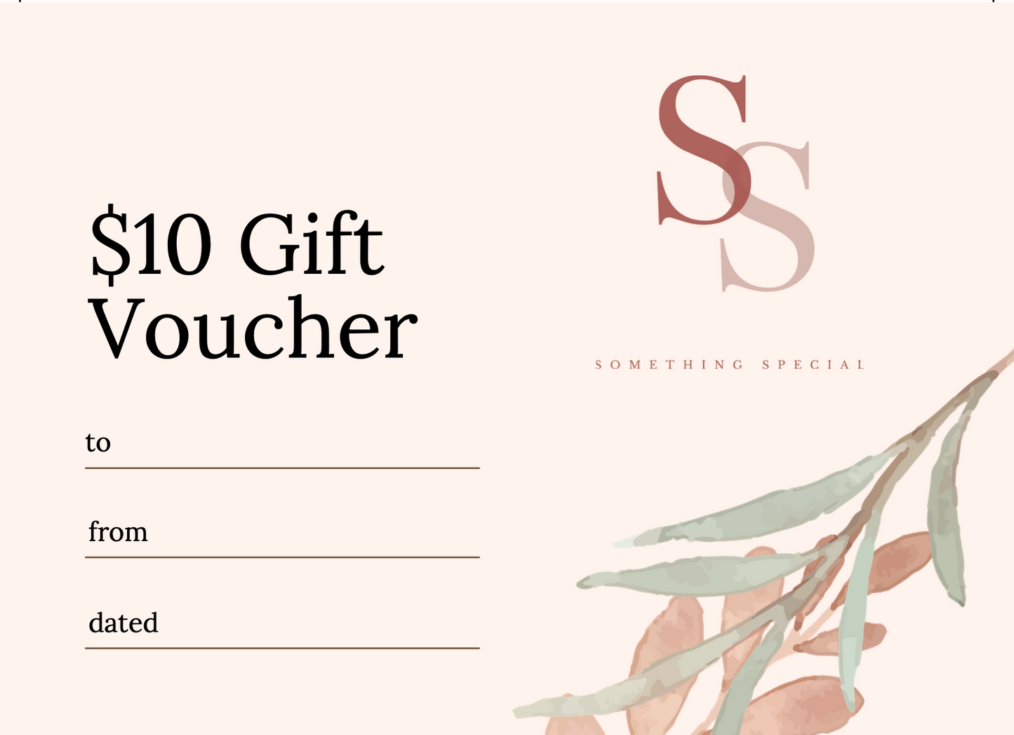 $10 gift voucher with customization fields for to, from, and date; floral design.