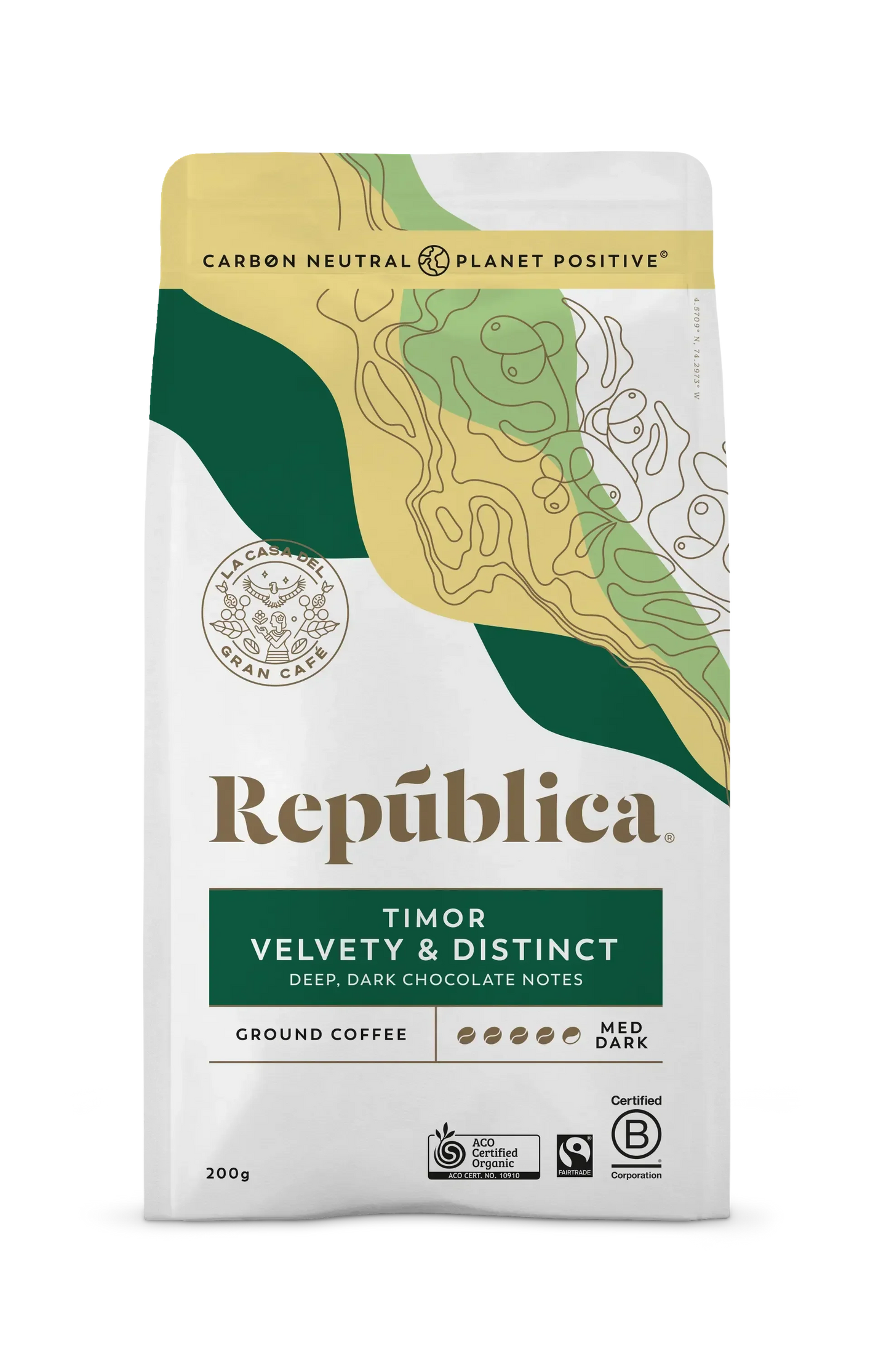 Republica - Timor Ground Coffee Beans packaging with details on chocolate notes and fruity aroma.