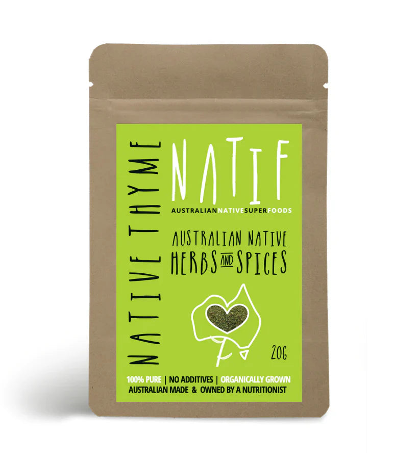 Natif - Native Thyme 20g packaging with green label, featuring Australian native herbs and spices.