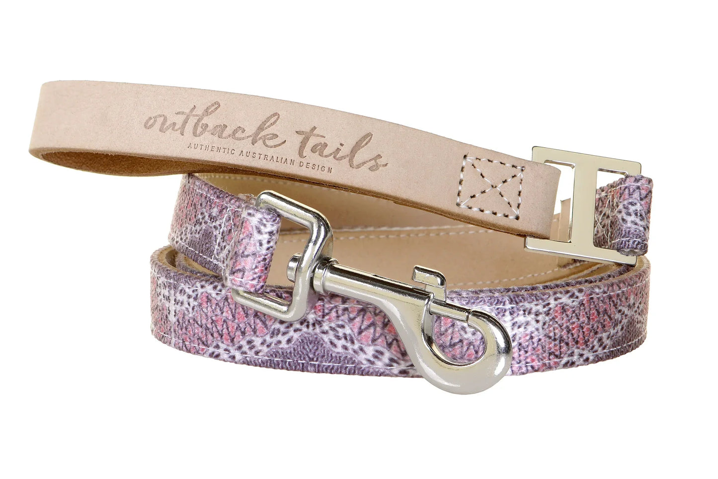 Outback Tails Leather Dog Lead with Indigenous Artwork Vaughn Springs by Ursula Napangardi Hudson.