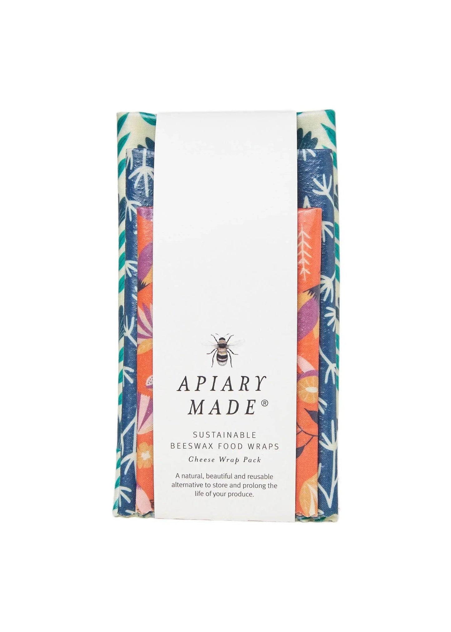 Apiary Made Cheese and Small Goods Beeswax Wraps, three-pack with assorted prints.