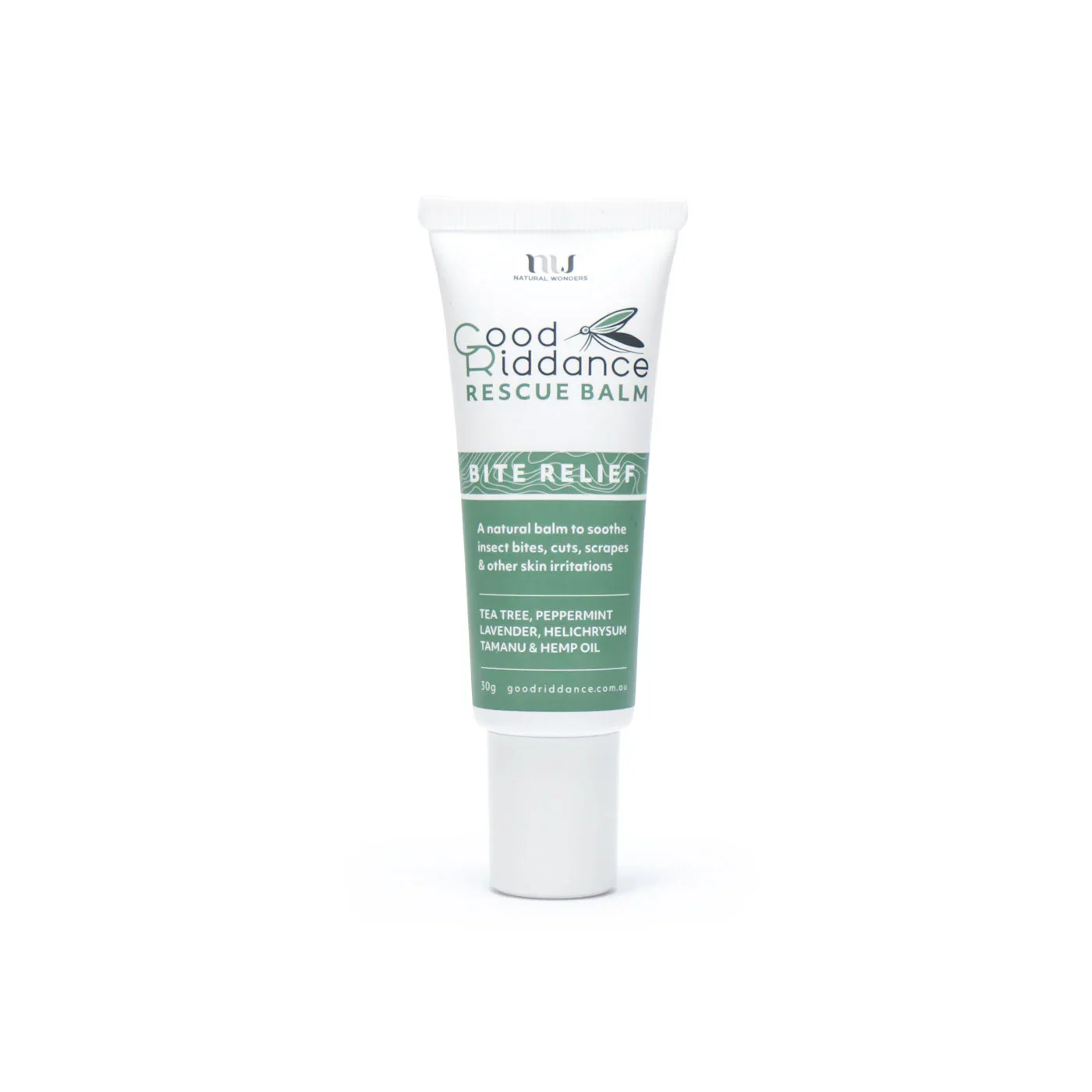 Good Riddance Bite Relief Rescue Balm in biodegradable tube with natural ingredients for soothing insect bites and skin irritations.