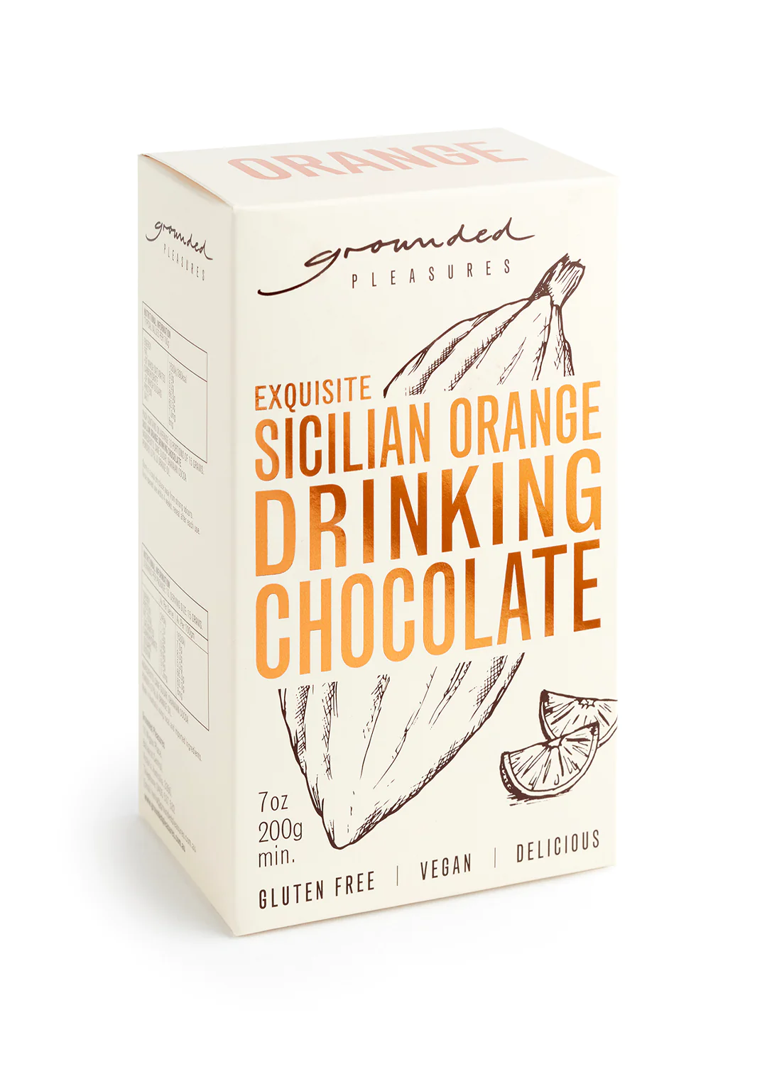 Grounded Pleasures - Exquisite Sicilian Orange Drinking ChocolateThe Sicilian Orange Drinking Chocolate is a delightful classic chocolate-orange pairing of fine Original cocoa with just a hint of sublime, naturally extracted SicilGrounded Pleasures