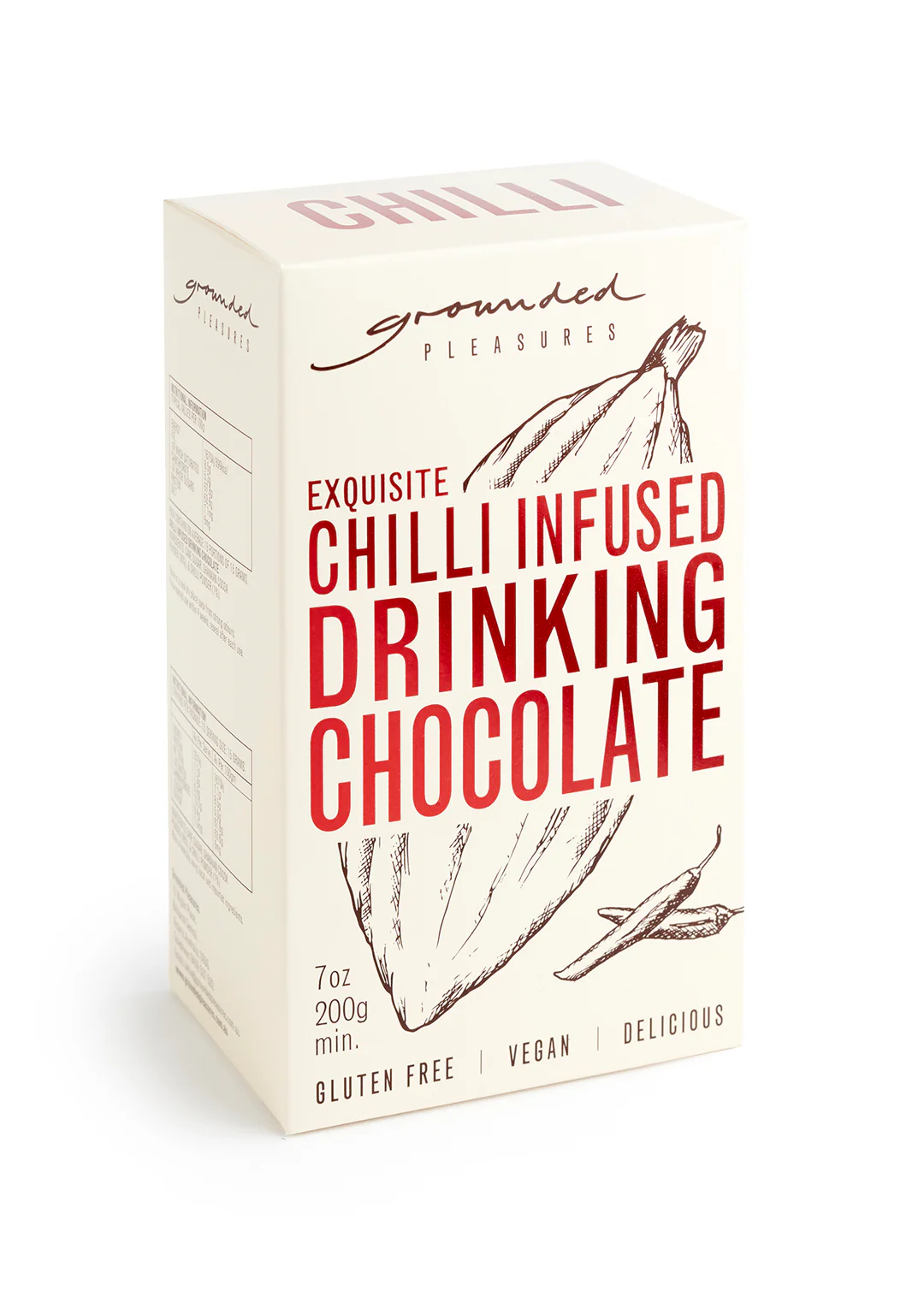 Grounded Pleasures Chilli Infused Drinking Chocolate box, 200g, vegan, gluten-free.