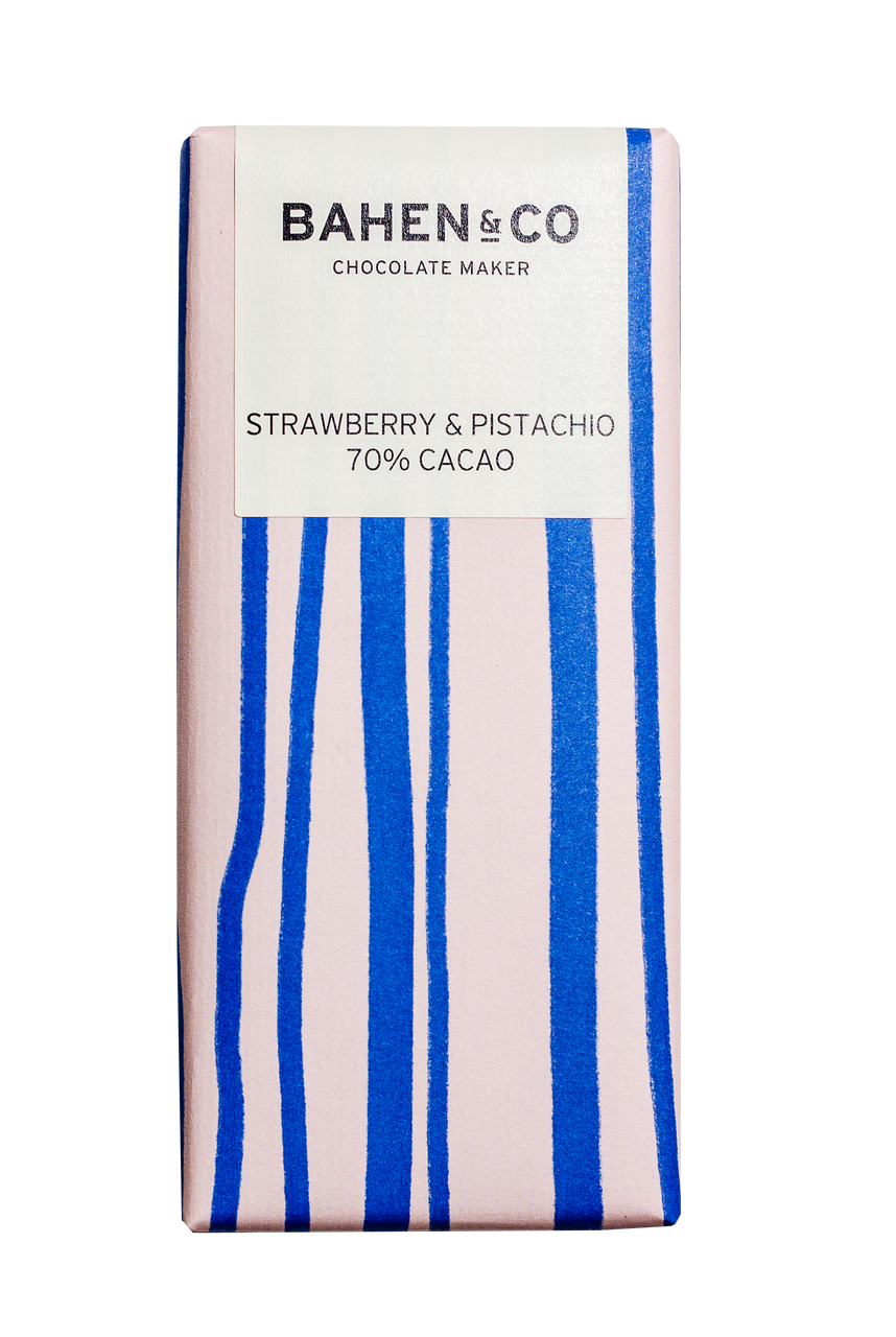 Strawberry & Pistachio 70% Cacao chocolate bar packaging by Bahen & Co.