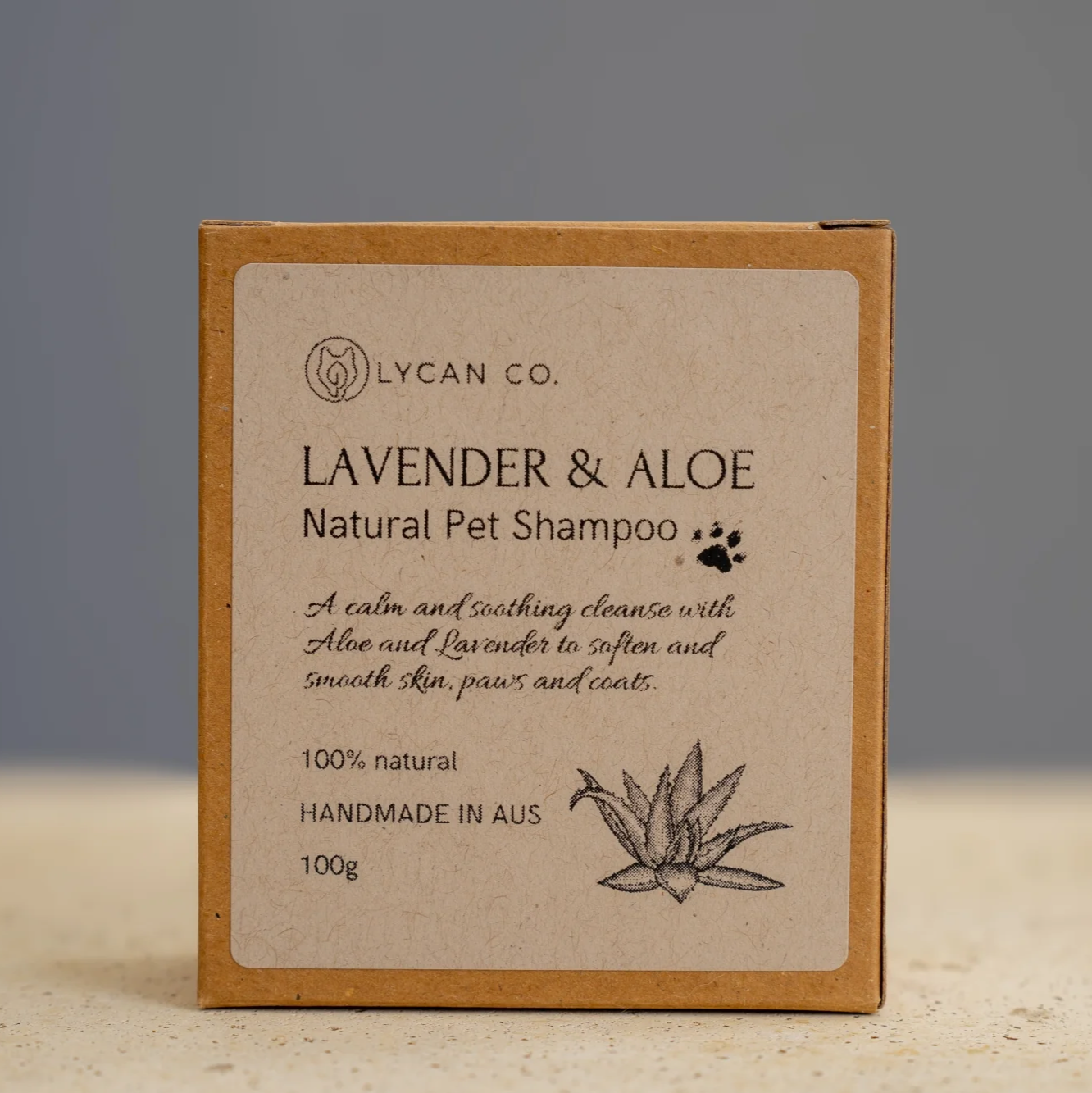 Lycan Co Lavender and Aloe Vera pet shampoo bar with natural ingredients for smooth skin and shiny coat.