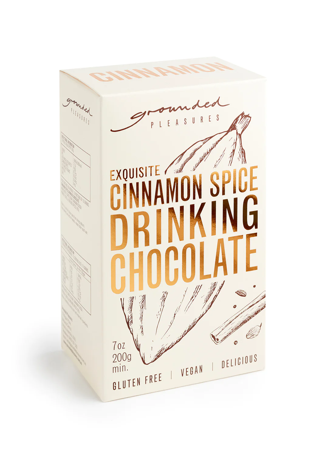 Grounded Pleasures - Exquisite Cinnamon Spice Drinking ChocolateThe Cinnamon Spice Drinking Chocolate is made in a northern European style from a subtle blend fine Original cocoa with freshly cold ground cinnamon, allspice, nutmeGrounded Pleasures