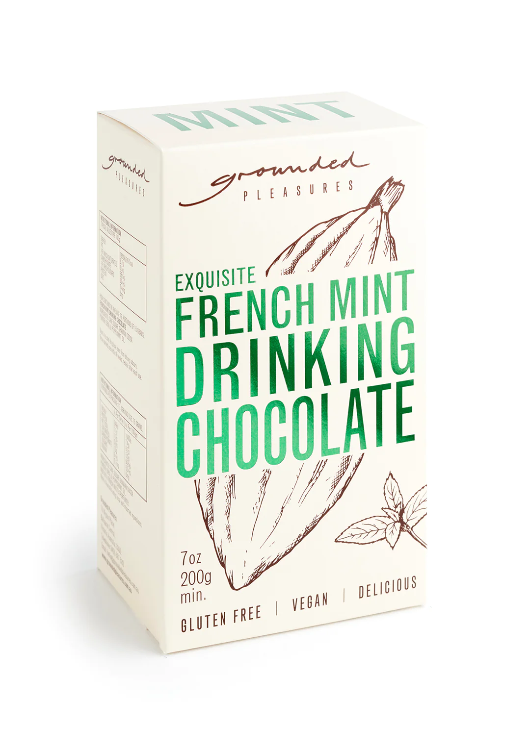 Grounded Pleasures - Exquisite French Mint Drinking ChocolateThe French Mint Drinking Chocolate is a delightful chocolate-mint pairing of Cocoa with fresh extracted peppermint oil from a French master. The exquisitely complex Grounded Pleasures