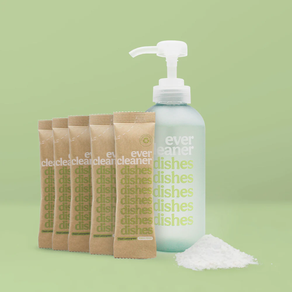 evercleaner eco-friendly dishwashing liquid bundle with reusable bottle and lemongrass detergent sachets