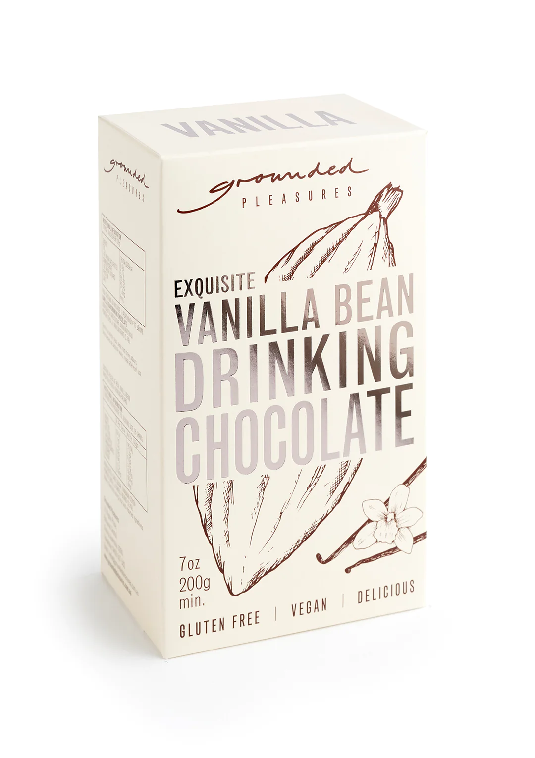 Grounded Pleasures - Exquisite Vanilla Bean Drinking ChocolateThe Vanilla Bean Drinking Chocolate is unique with ethically grown, moist, plump and incredibly aromatic Papua New Guinea vanilla beans in each pack. The Vanilla actGrounded Pleasures