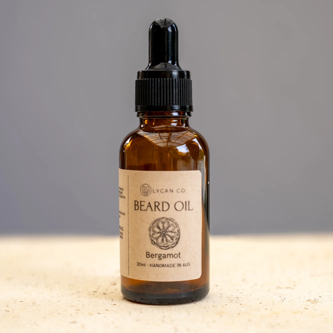 Lycan Co Bergamot Beard Oil bottle with dropper, 30ml size.